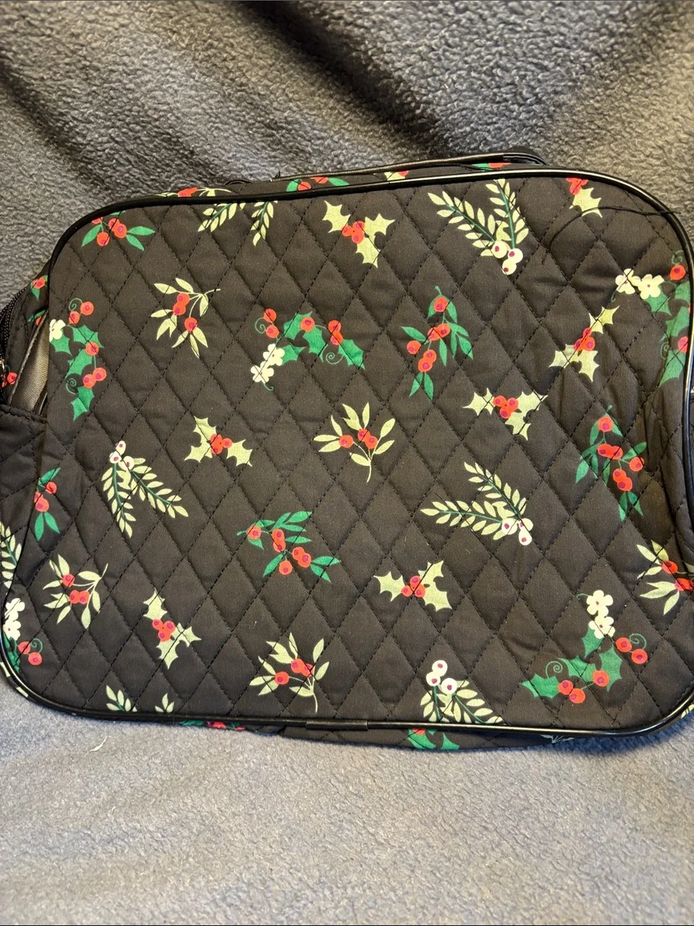 Three piece Black Quilted Cosmetic bag and pouched with Red & Green Berry Print